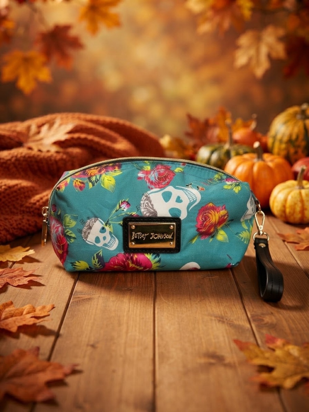 Betsey Johnson Teal Floral Skull Wristlet with Black Strap